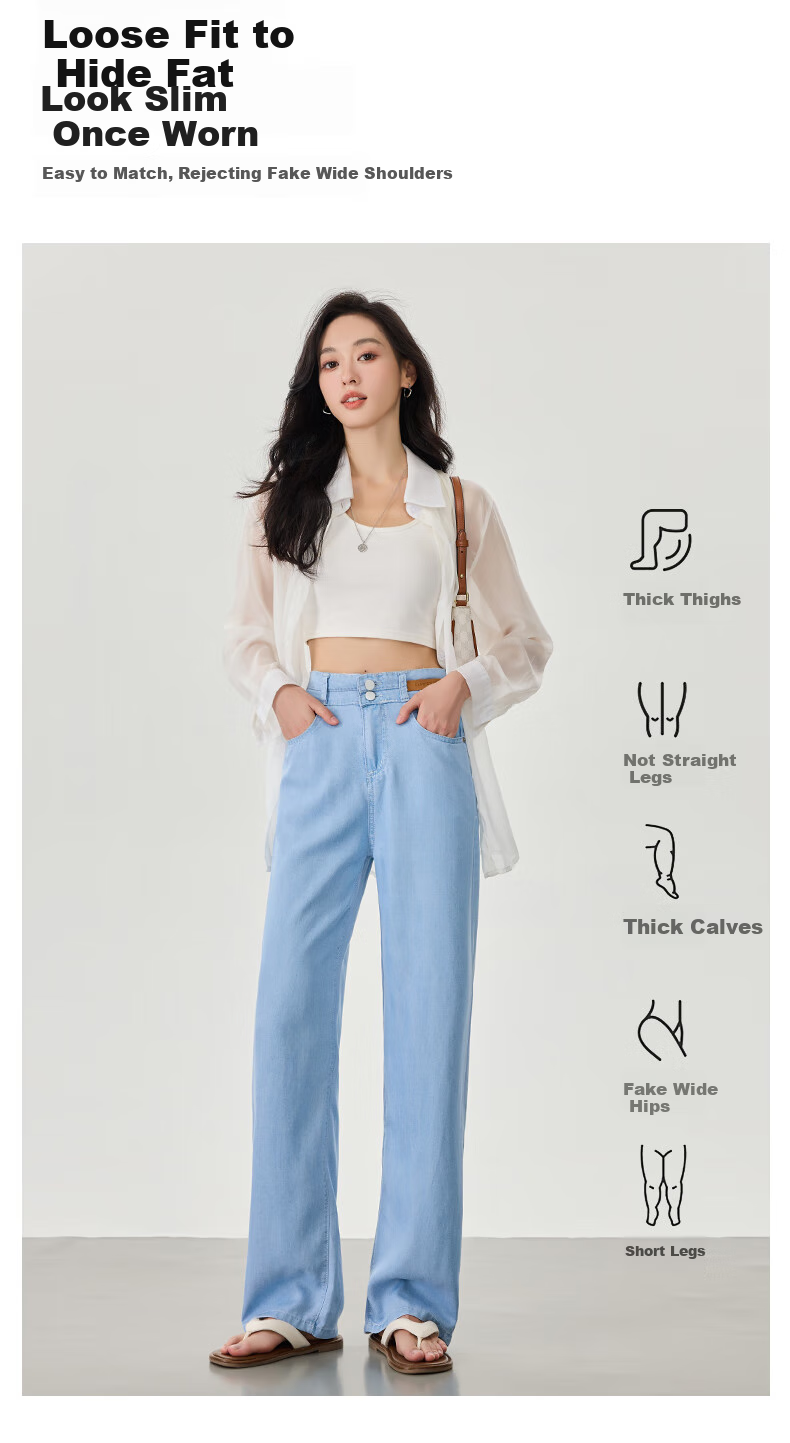 LangSha Tencel Straight-Leg Jeans for Women, Summer Lightweight High-Waist Double-Buckle Slimming Ice Silk Floor-Length Wide-Leg Pants 5