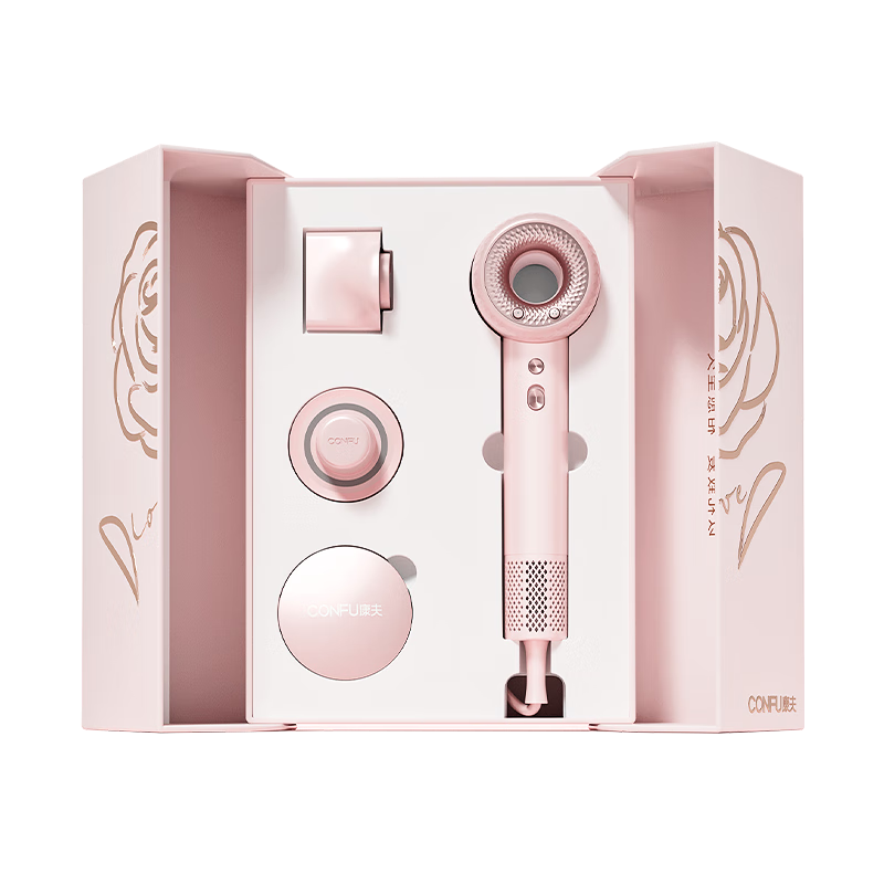 CONFU High-Speed Hair Dryer, Hollow Bladeless Design, Home Use, High Power, Strong Airflow, Quick-Drying Plasma Technology, Gentle on Hair, Gift for Birthday, Electric Hair Dryer F9 Pink Gold Gift Box