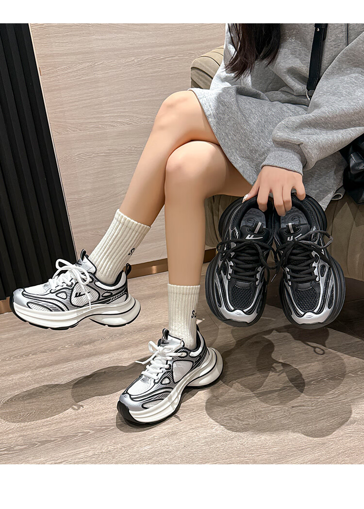 Warrior Women's Dad Sneakers 2026 Summer New Lightweight Thick-Soled Silver White Black Size 40 14