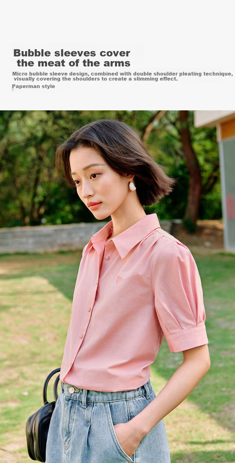 INMAN Commuter Pleated Puff Sleeve Pure Cotton Shirt, Summer Women's Clothing, Turn-Down Collar Embroidered Blouse Top, Light Pink, L 2