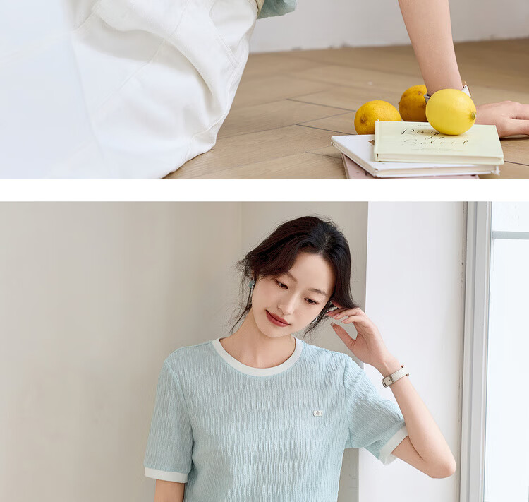 Sentubila Round Neck Short Sleeve Regular Shoulder T-Shirt for Women, Summer Contrasting Color Spliced Knit Top, Elegant Versatile High-End Blouse 13
