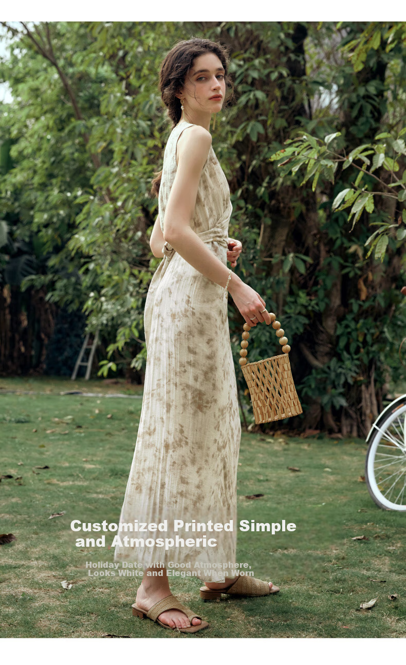 Olrain French Style Apricot Dress Women Summer Waist Slim Floral Mid-Length Dress Apricot L 14