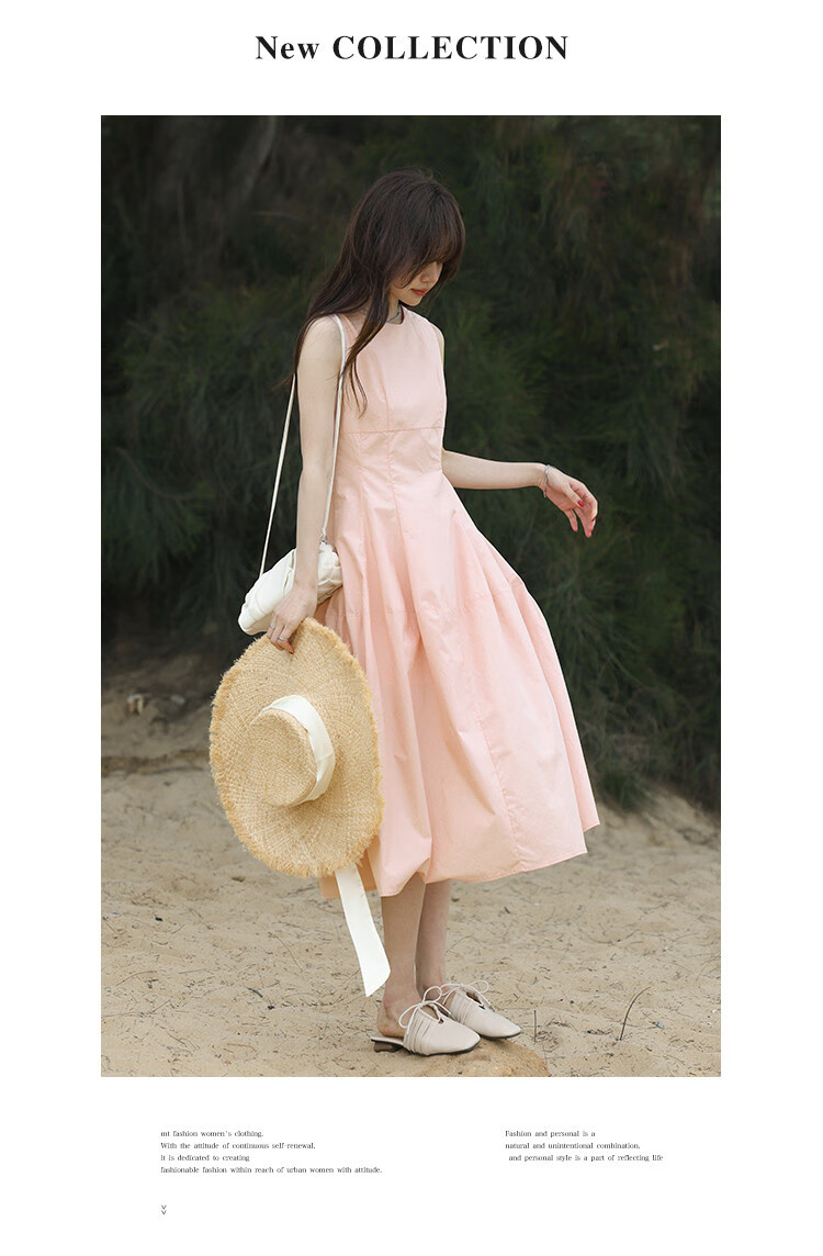 MT Romantic Holiday Pink Summer New Sleeveless Waist-Cinched Mid-Length Simple Dress 5