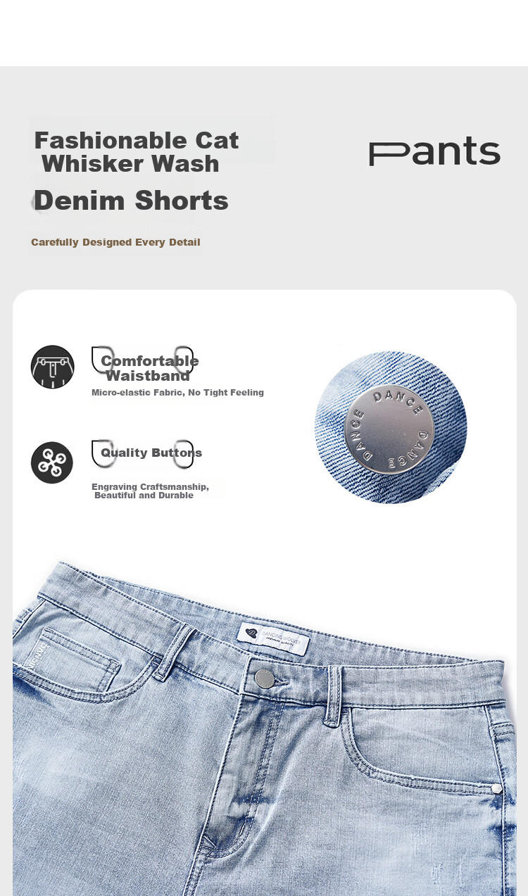DANCING WOLVES [Bingyang Bar] Summer Fashion Cat Whisker Washed Cool Breathable Men's Denim Shorts, 113 Light Blue, Size 34 6