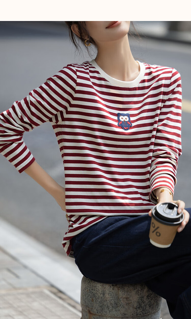 Demna【Striped Liberal】Spring and Autumn Loose Contrast Color Long Sleeve T-shirt Women Cute Patch Embroidery Concealed Flesh Women's T-shirt 7