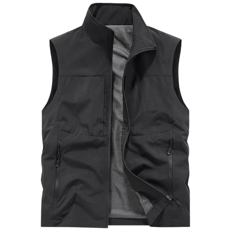 JEEP SPIRIT Men's Outdoor Casual Quick-Dry Vest, Breathable Simple Stand Collar Photography Jacket, Black 4XL