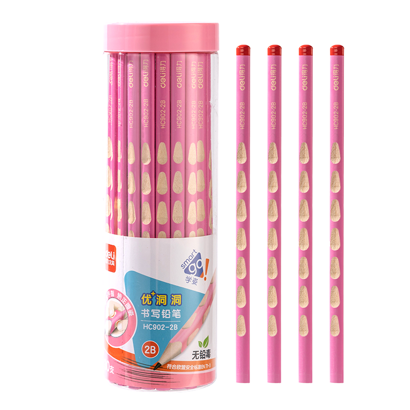 Deli Pink Hole Pencil 30pcs 2B Writing Triangular Grip Erasable Eraser Children Posture Correction Student Practice Pen Doodle HC902-2B Back to School Stationery