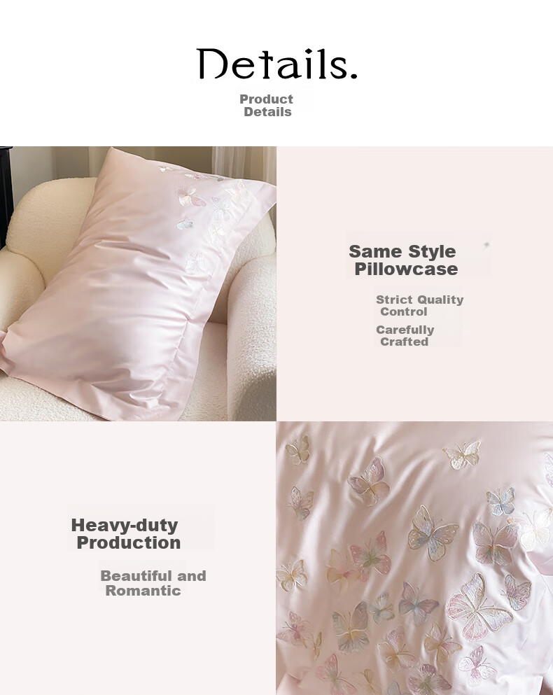 Demichel Class A 120-Count Embroidered Long-Staple Cotton Four-Piece Set, Pure Cotton French High-End Luxury All-Cotton Bedding Set with Duvet Cover And Bed Sheet, for 1.8/2 Meter Bed, Butterfly Pink 14