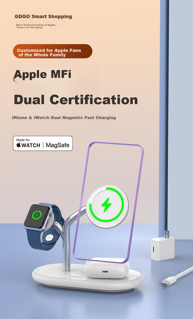 GDGO [Apple MFi Dual Certified] Apple Three-In Wireless Charger, MagSafe Magnetic S12 Watch Four-In MFM Stand, Compatible with 18/17 Pro Max/Air 1