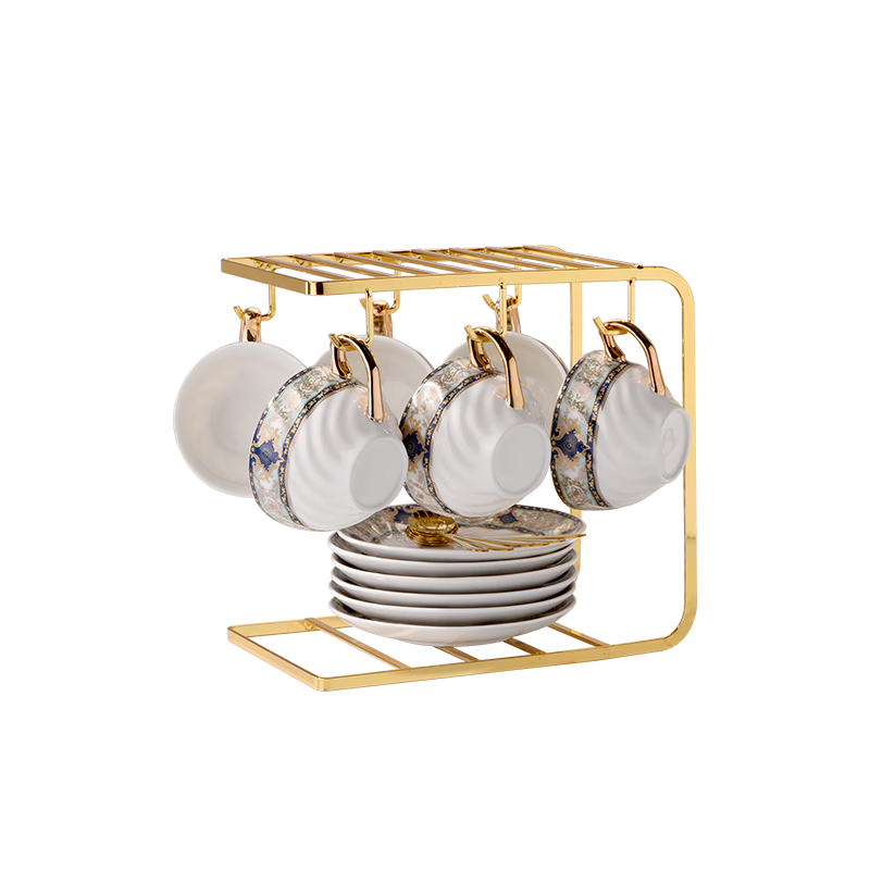 CLITON Baroque Ceramic Coffee Cup and Saucer Set Western Style Red Tea Breakfast Milk Cups 6 Cups 6 Saucers 6+ Cup Rack
