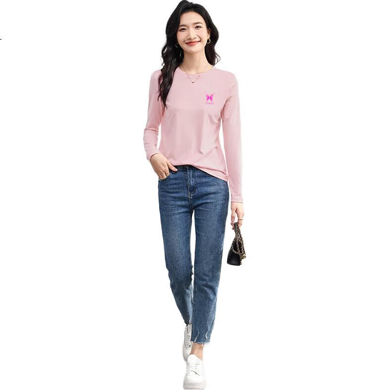 Женская футболка с длинным рукавом JEANSWEST, осень 2025, из чистого хлопка, универсальная, с круглым вырезом, серо-розовая, размер 2XL
