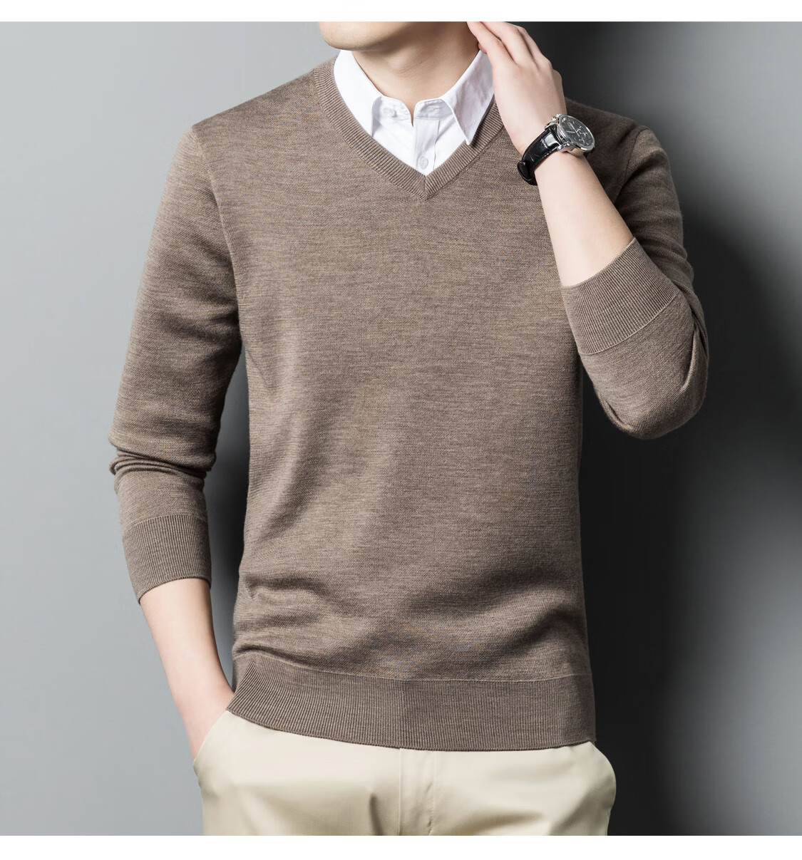 Hengyuanxiang Men's Wool Sweater Autumn Winter Thickened V-Neck Machine Washable Fine Spun Knitwear Medium Gray 175 13