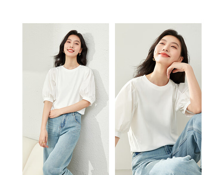 Vimly Elegant Commuter Lantern Sleeve Cotton T-Shirt for Women, New Summer 2026 Loose Short-Sleeve Distinctive Top 19