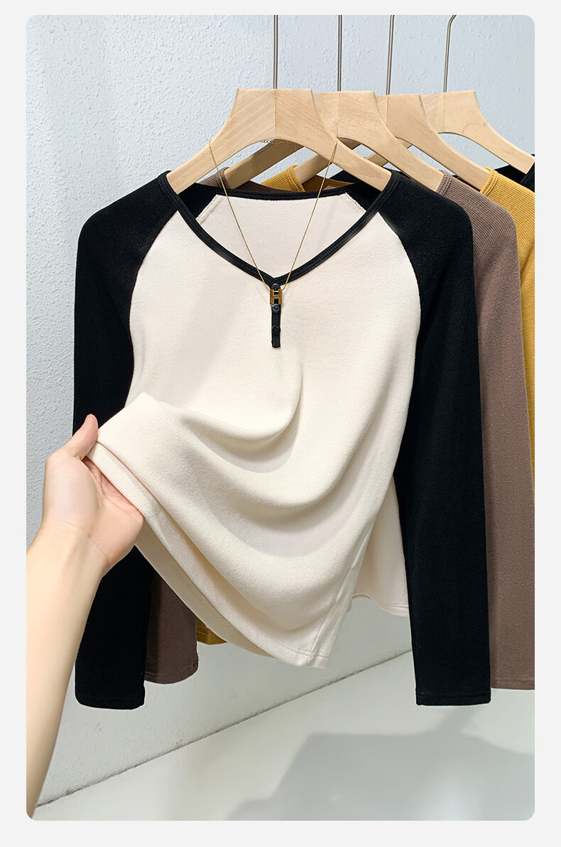 MiiOW Long-Sleeve T-Shirt Base Layer for Women, 2025 New Arrival, Early Autumn And Winter V-Neck Color Block Raglan Slimming Top 4