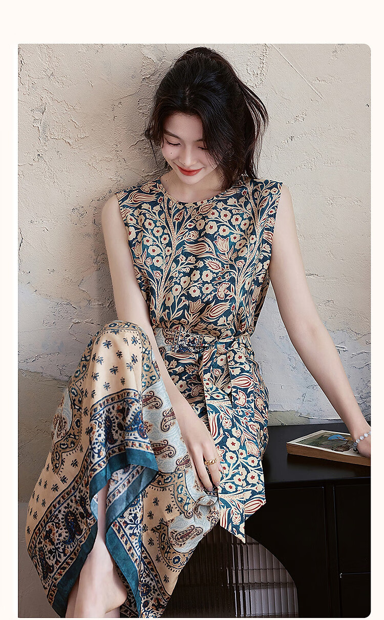 Demana [Silk Story] Summer Luxury 100 Mulberry Silk Beach Dress Round Neck Printed Straight Women's Dress 1