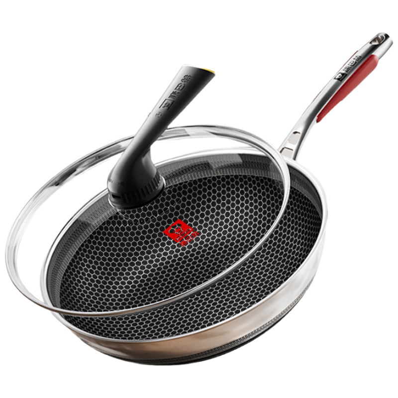 KBH New Non-Stick Wok 316L Stainless Steel 34cm Double-Sided Honeycomb Flat Bottom Induction Cooker Compatible Stir Fry Pan