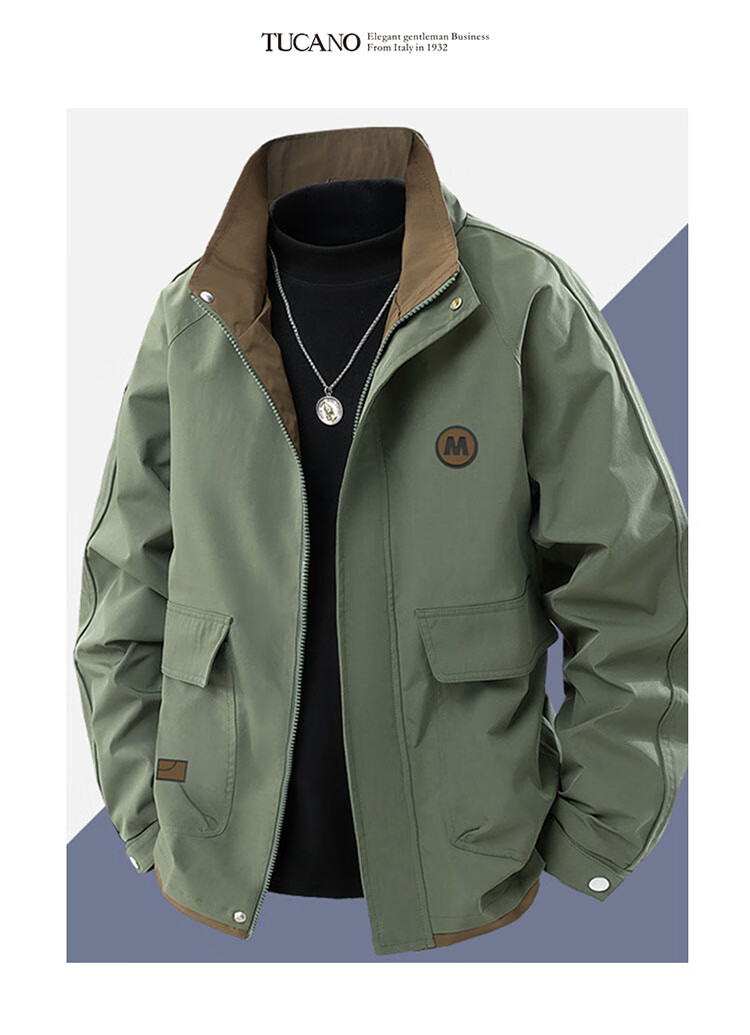 TUCANO Men's Spring Autumn Loose Jacket Stand Collar Casual Retro Workwear Black XL 2