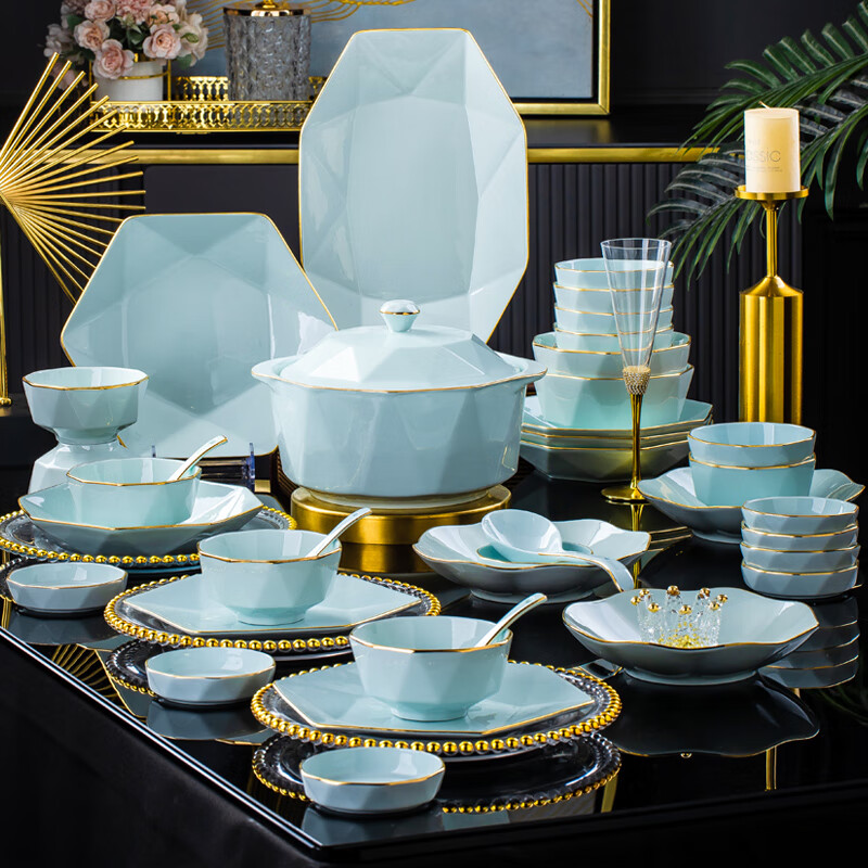 KANGQIN Ceramic Chopsticks Underglaze Color Housewarming Bowl And Plate Set, Home Dining Tableware 70 Pieces Upgraded Soup Pot Gift Box Mid-Autumn Festival