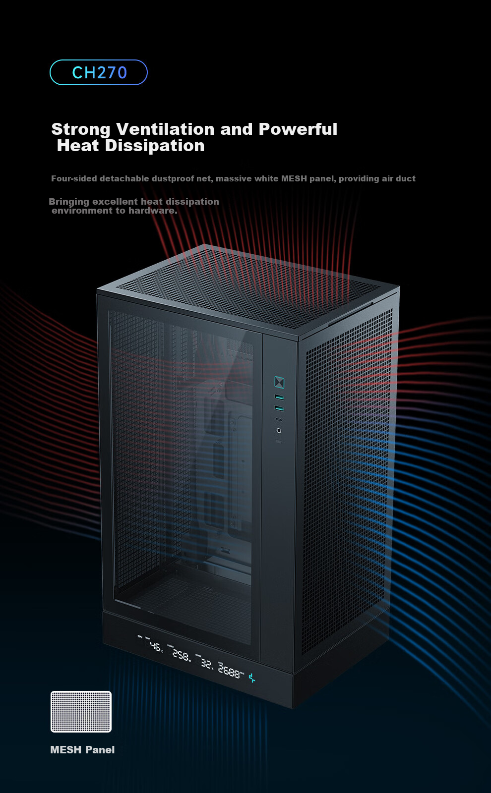 DEEPCOOL CH270 Vertical Digital Display Case Supports Back-Mounted Motherboard, 360mm Water Cooling, Digital Display Base, Mesh Ventilation Panel 5