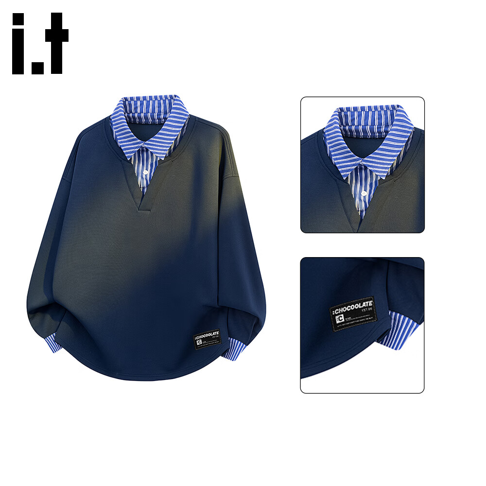 :CHOCOOLATE it Shirt Collar Fake Two-Piece Sweatshirt for Men, Autumn New Loose Long-Sleeve Polo Shirt T-Shirt Trendy, Navy Blue, XL