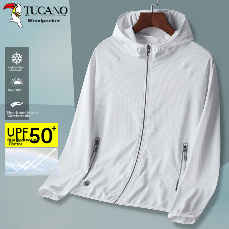 TUCANO Sun Protection Jacket for Men, Outdoor Sports Lightweight Sun-Blocking Skin Coat, Hooded Top Outerwear, Men's Clothing, White M
