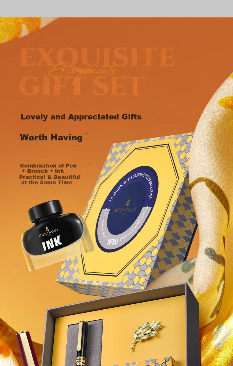 MONTAGUT [Best-Selling Product] Fountain Pen Writing Practice Ink, Brooch Gift Box Set, High-End Exquisite, Home Committee Procurement, Gift for Teachers, BAGLIE Series Black Liya 8