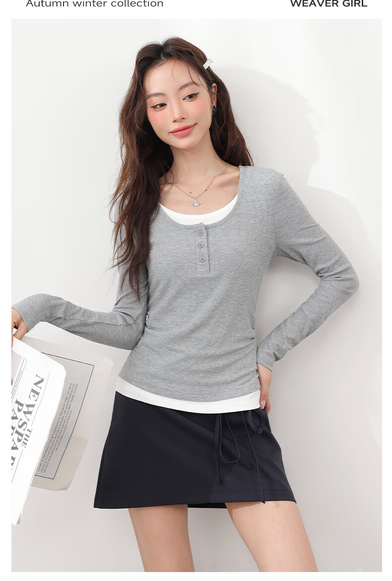 MJ STYLE Colorblock Layered Look Long Sleeve T-Shirt Women 2026 Spring Autumn New Korean Slim Fit Shoulder Base Shirt 3