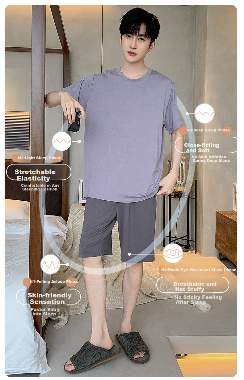 LangSha Modal Pajamas for Men, Summer Thin Style, Father's Day, Plus Size, Loose Fit, Home Wear Set, Young Men's Short-Sleeve Shorts 6
