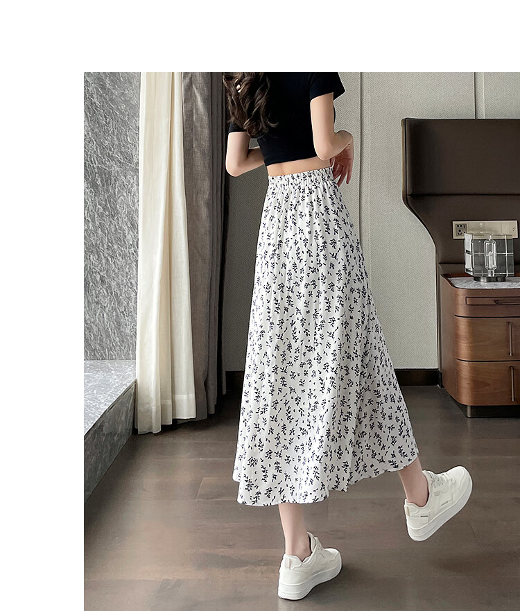 Awakening Paradise 2026 Summer New Slimming A-Line Mid-Length Skirt White Base Black Floral One Size 30