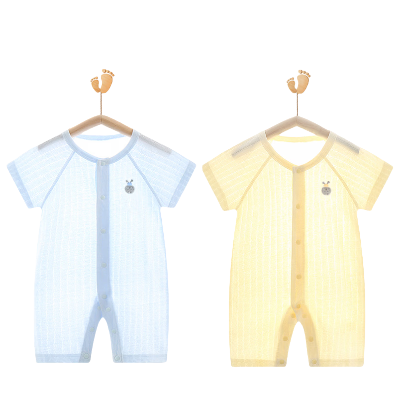 Babyprints Infant Romper 2-Pack, Newborn Short-Sleeve Bodysuit, Summer Baby Clothes, Pure Cotton Thin Onesie, Blue And Yellow, Size 73