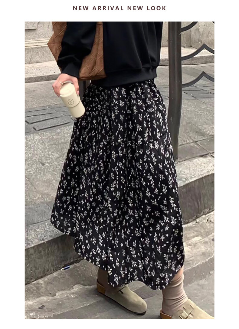 LangSha French Style Black Floral Print High-Waist A-Line Midi Skirt for Women Autumn 2025 New Slimming Hip-Covering Versatile Skirt 7