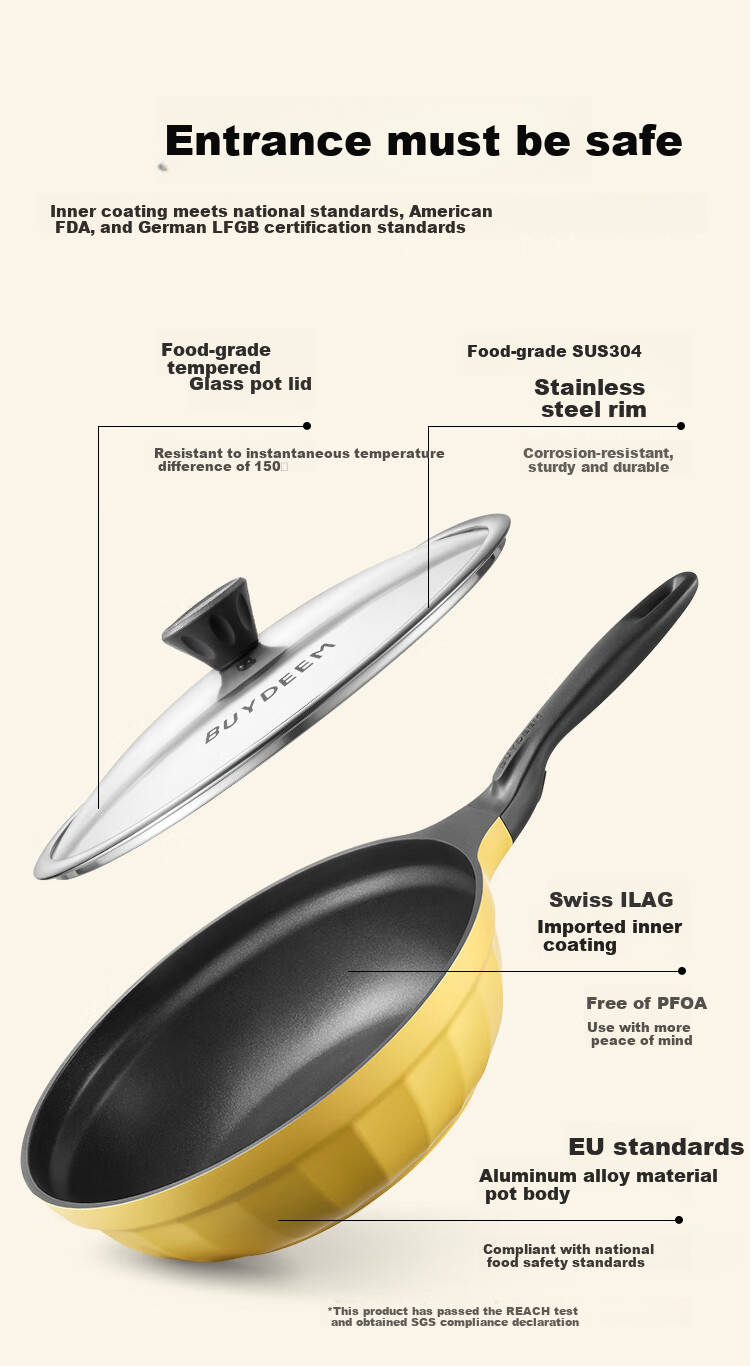 Buydeem [Jingdong Exclusive] 32cm Non-Stick Wok, Low Smoke Oil-Gathering, Small Yellow Goose Egg-Shaped, Compatible with Induction And Gas Stoves 10