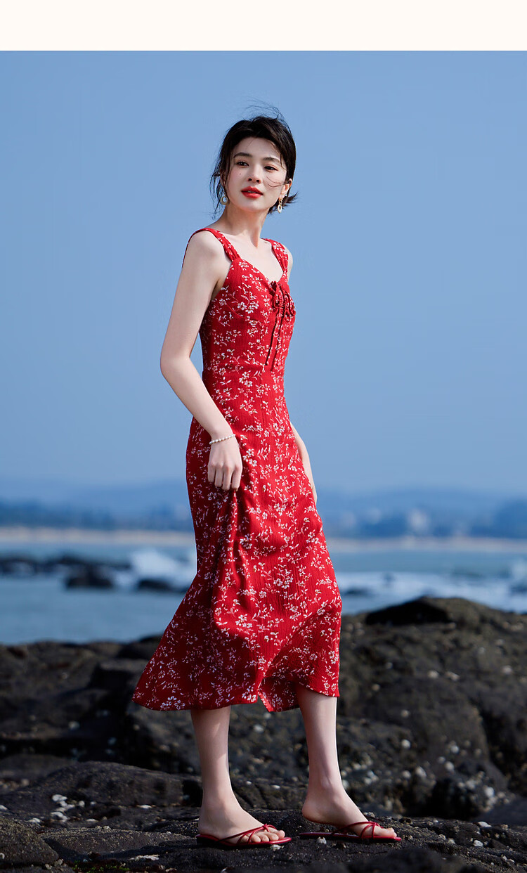 Dme [Xiao Xing Gan "Da Ji" Dress], Summer Holiday Style, Small Floral Print, Spaghetti Strap, Bodycon, Waist-Cinching Women's Dress 16