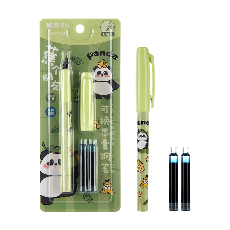 M&G Stationery EF Nib Student Fountain Pen Set (1 Pen + 2 Blue Ink Cartridges, 3.4mm) Panda Green Barrel HAFP0402 Back to School Essential