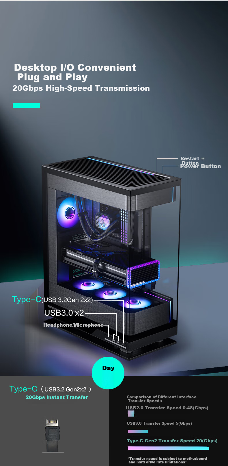 PHANTEKS EVOLV X2 Black Desktop Water-Cooled Computer Case with Panoramic View (20G Type-C, 360mm Radiator Support, Cable Management, Brushed Aluminum, 5090) 13