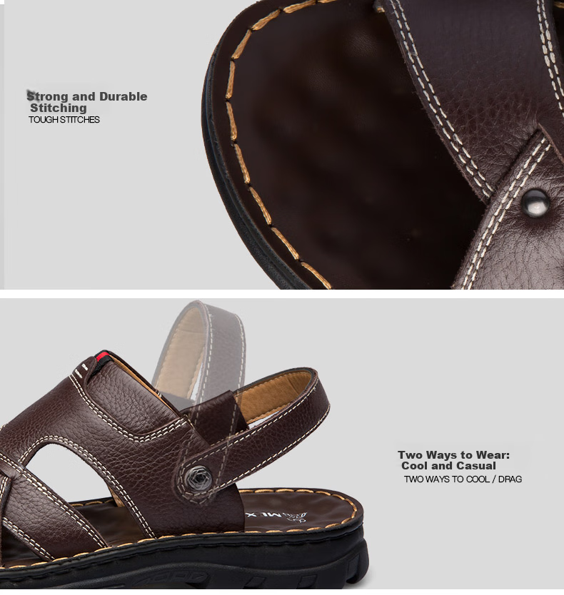 MEXICAN Top-Grain Leather Sandals for Men, Beach Shoes, Men's Slippers, Hollow-Out Casual Men's Shoes, Black, Size 43 14