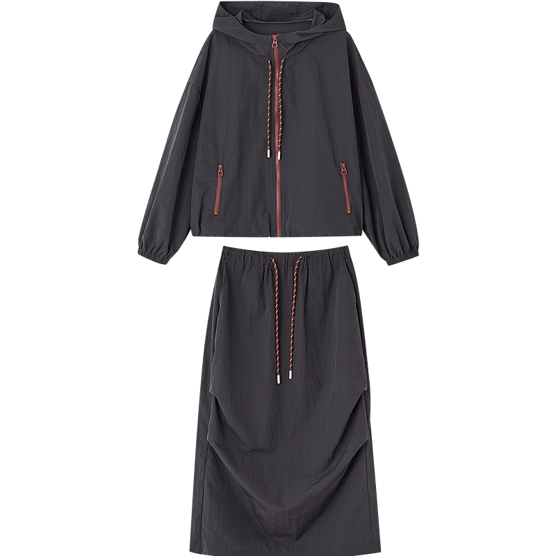 Dme [Black Technology Three-Proof] Autumn Sports Style Hooded Color-Block Zipper Jacket with Elastic Waist Half Skirt Two-Piece Set