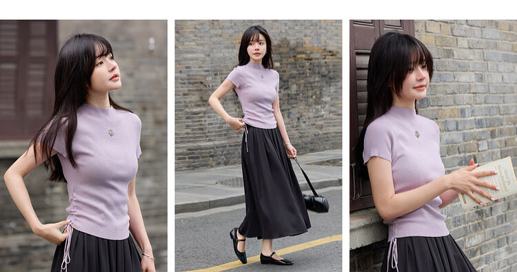 Mt [Drawn Double C Waist] Spring And Autumn Semi-High Round Neck Side Seam Drawstring Sweater Rose Metal Knit Sweater Women's Top 1