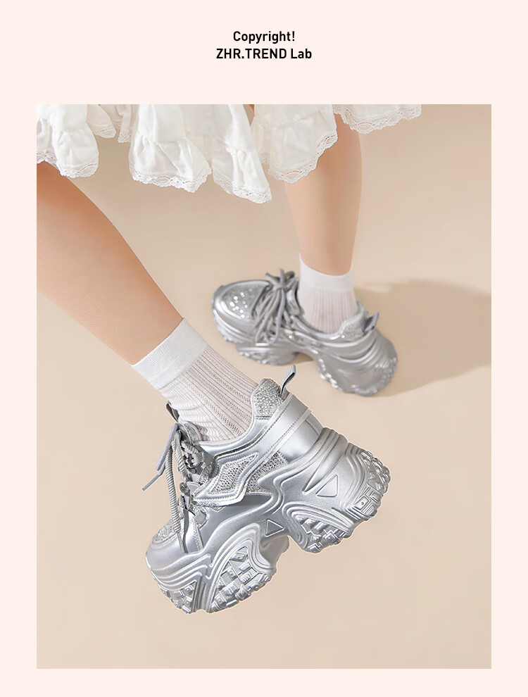 ZHR Dad Shoes for Petite Women, Thick-Soled Height-Increasing Casual Shoes with Platform Soles And Breathable Design, KS89 Silver Color, Size 35 10