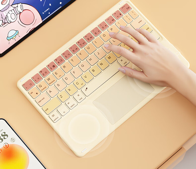 B.O.W Hangshi HB323B IPad Wireless Bluetooth Touch Five-Level Backlit Keyboard Ultra-Thin Silent Color-Block Keyboard for Women, Compatible with Apple Huawei Xiaomi Tablets, Portable, Milk Tea Color 6