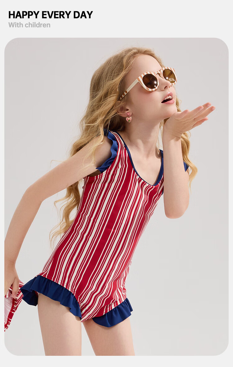ASK JUNIOR Children's Swimsuit with Swim Cap, Summer One-Piece Vacation Style Short-Sleeve Swimsuit for Older Girls, Red, Size 110 4