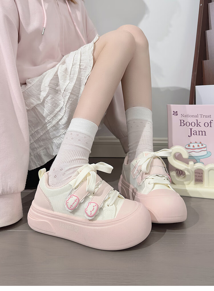 RENBEN Cute Velcro White Sneakers for Women, Popular Chunky Shoes, Versatile Canvas Shoes, White (Leather Surface), Size 40 27
