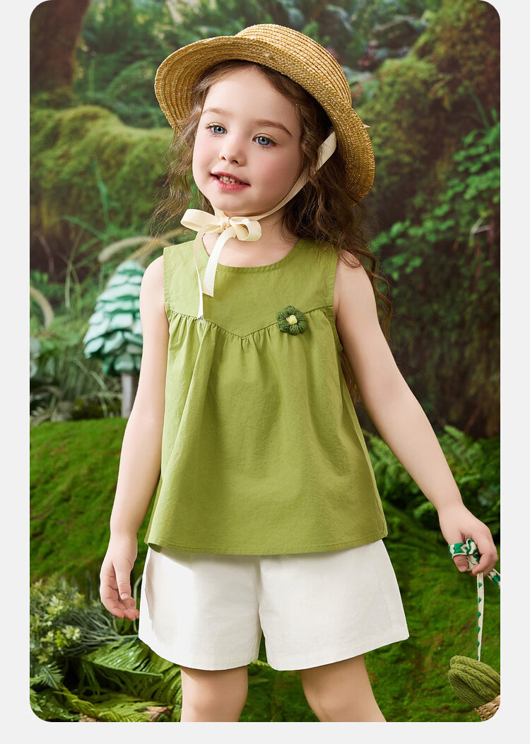ASK JUNIOR Children's Summer Set, Sleeveless Vest Top for Young Kids, Casual Shorts, Forest-Style Girls' Pure Cotton Two-Piece Outfit, Green, Size 130 7