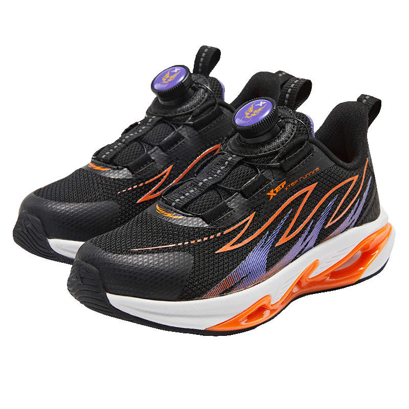 XTEP Kids Y Series - Flaming Feather Rotating Buckle Boys Breathable Running Shoes Black/Lava Orange Size 32
