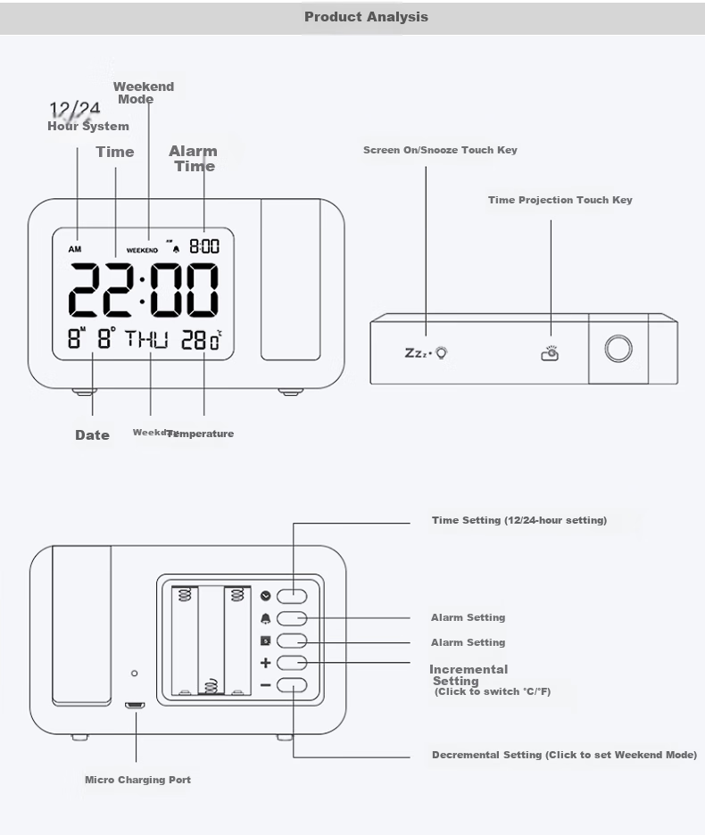 Hense Creative Projection Alarm Clock Bedside Electronic Clock Student-Specific Wake-Up Device Alarm Table Desktop Small Clock HA5235 13