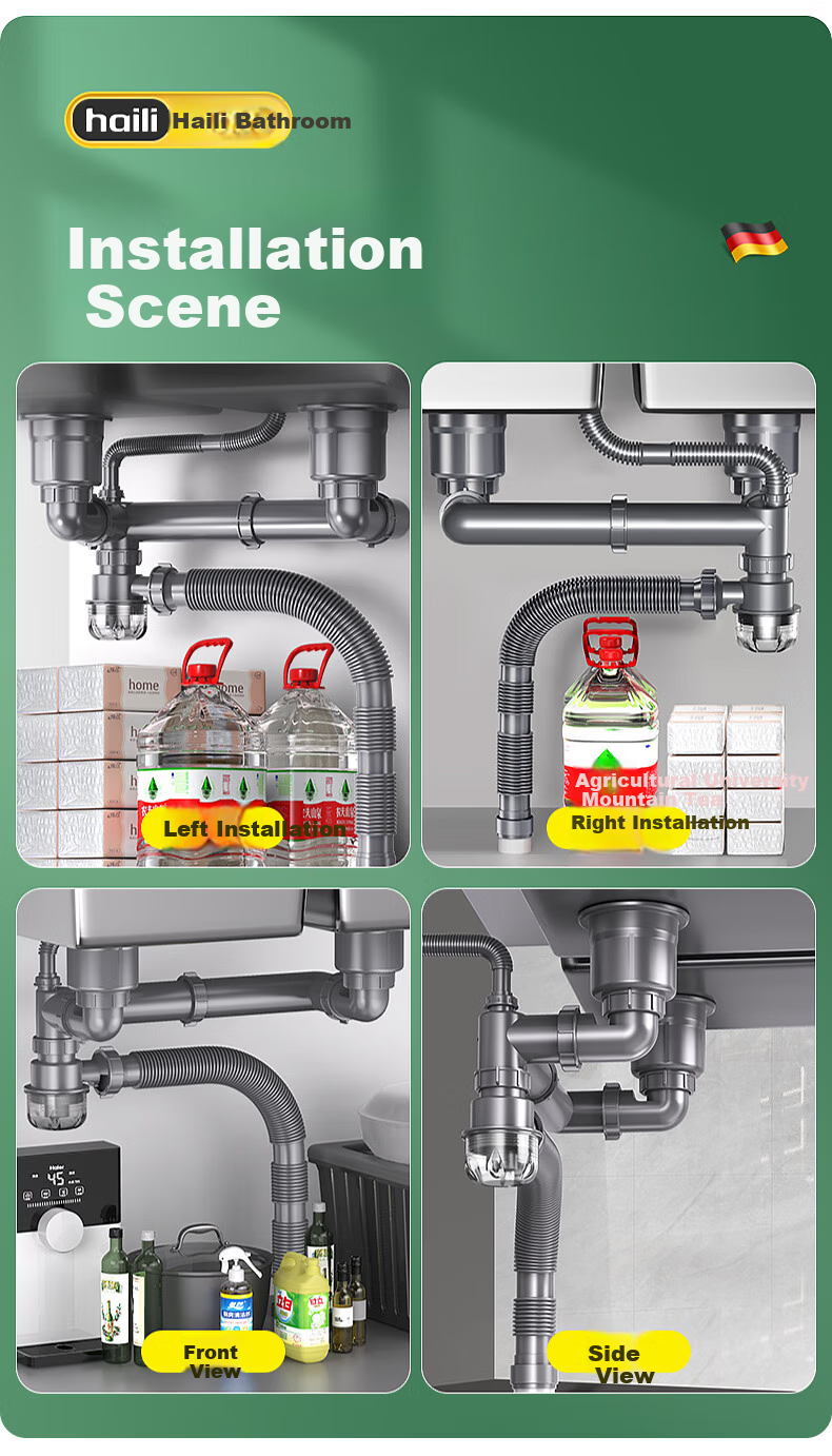Haili Kitchen Sink Drain Pipe Complete Set, Double Sink 110mm Drainage System, Dishwashing Basin Drainage Pipe Kit Accessories S18 32