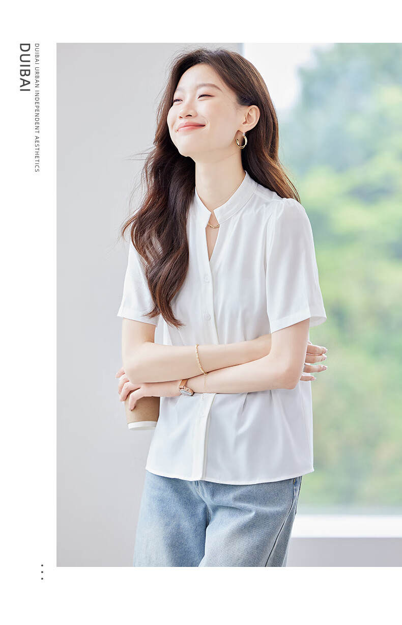 JEANSWEST Women's Short Sleeve Shirt 2025 Summer New High-End Commuter Versatile V-Neck Top White M 8