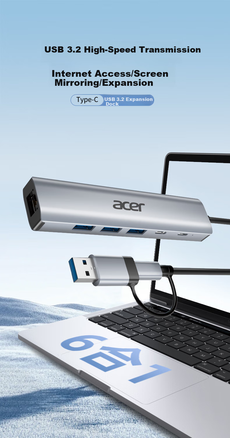 Acer USB3.2 Expansion Dock to Gigabit Ethernet Port Splitter [USB+Type-C 10G Data Port] Laptop Expansion Dock Ethernet Adapter Converter 1