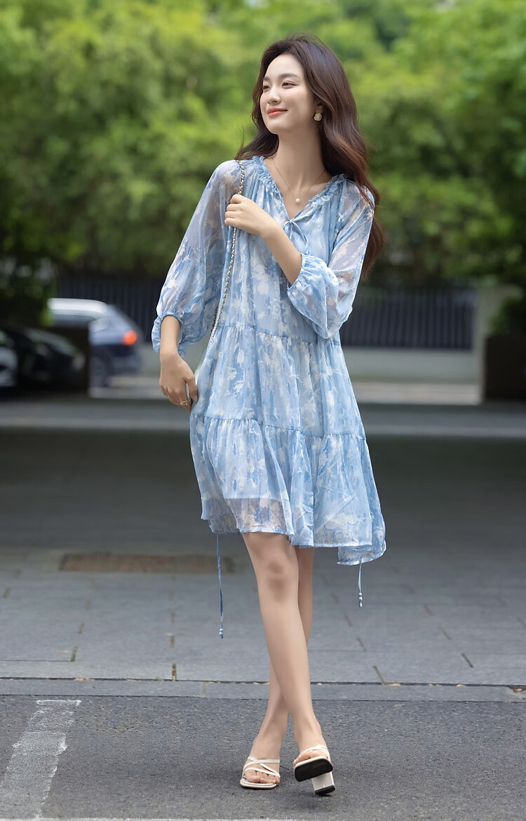 Demana Elegant Lightweight French Style Printed Tie-Waist Loose A-Line Petite Women's Summer Dress 5