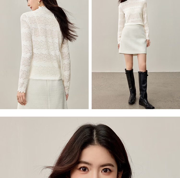 Sentubila Semi-Turtleneck Floral Textured Lace Slim Fit Long Sleeve Top for Women Autumn Hollow Out Inner Layer Shirt 8
